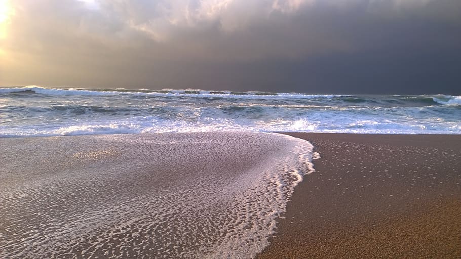 Beach, Ocean, Sand, Scum, Cloud, Water, wave, france, side, HD wallpaper