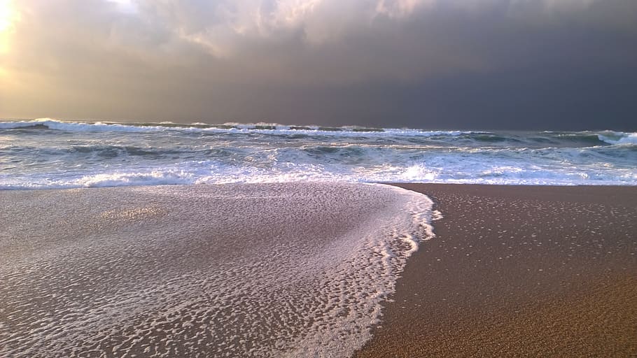 Beach, Ocean, Sand, Scum, Cloud, Water, wave, france, side HD wallpaper