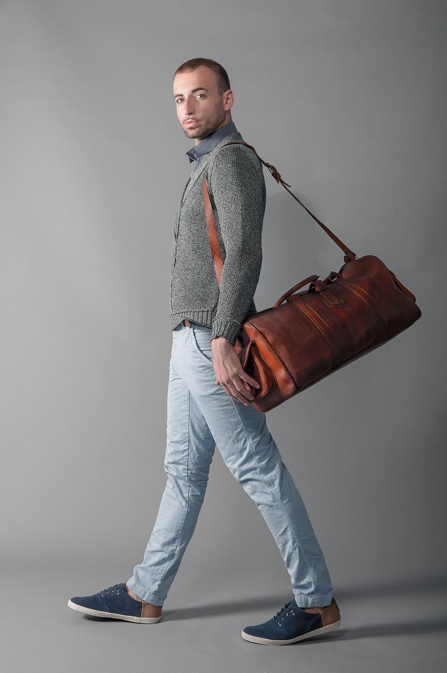 HD wallpaper: man wearing brown leather duffel bag, fashion, shooting ...