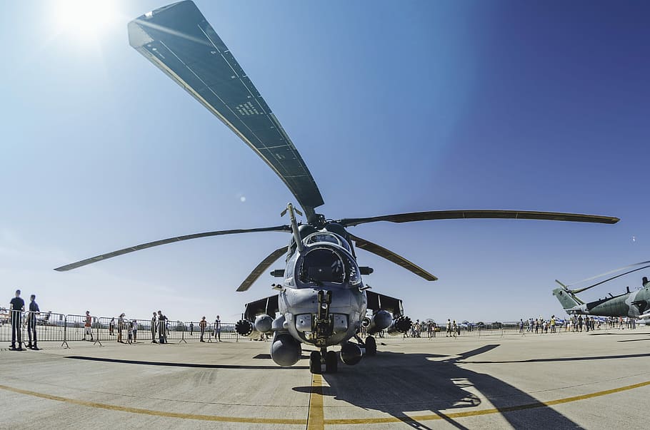 people walking and standing near gray helicopter, fish eye lense on grey helicopter, HD wallpaper