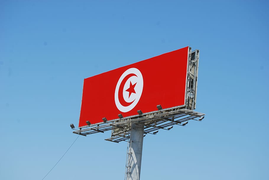 Flag, Tunisian, Sky, red, danger, blue, clear sky, road sign HD wallpaper