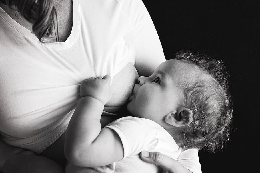 grayscale photography of woman breastfeeding baby, mother, motherhood
