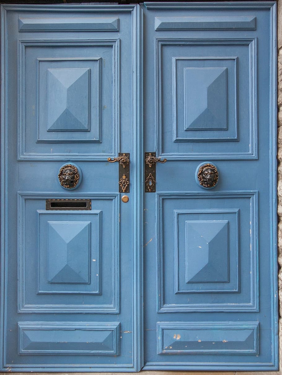 blue wooden double door, doors, painted, knockers, mail, rustic