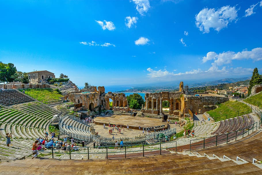 scenery of dome stadium, theatre, theater, greek, italy, taormina, HD wallpaper