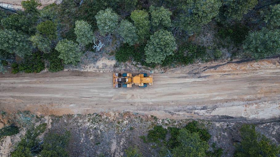 yellow and black heavy equipment beside road and trees, construction HD wallpaper