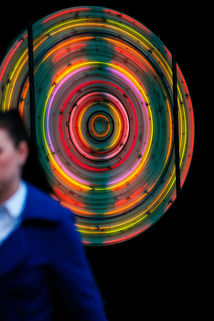 person standing near LED lighting, circle, round, colorful HD wallpaper