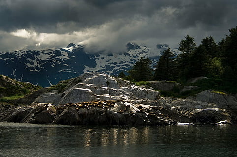 river beside mountain covered in snow, landscape, scenic, clouds HD wallpaper