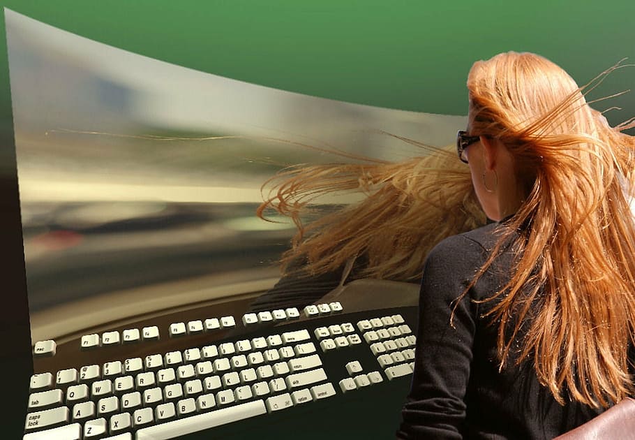 blonde haired woman in front of curve TV, computer, futuristic HD wallpaper
