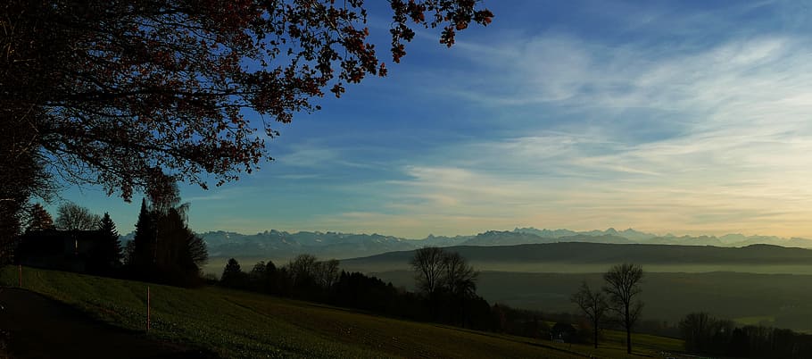nature, landscape, mountains, tree, sky, autumn, fog, alpine HD wallpaper