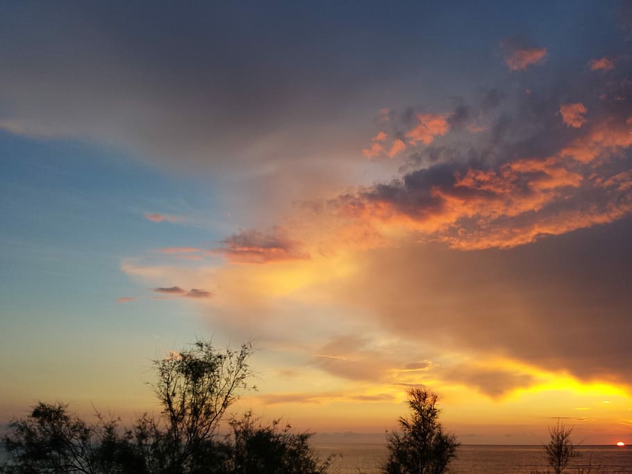 Sunset, Clouds, Sea, Landscape, sky, horizon, twilight, beach HD wallpaper