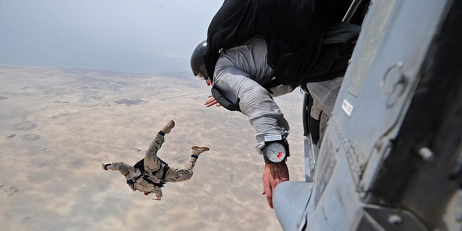 two male sky diving above the ground, Parachute, Skydiving HD wallpaper