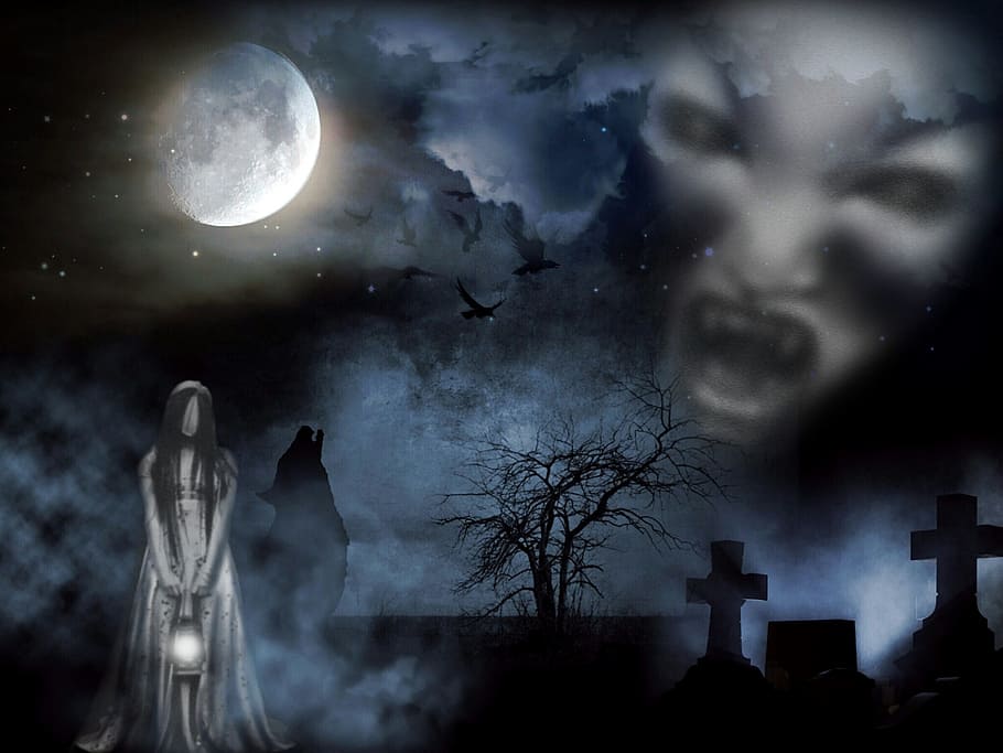 woman in white standing at cemetery and white ghoul face in clouds under full moon graphic wallpaper HD wallpaper