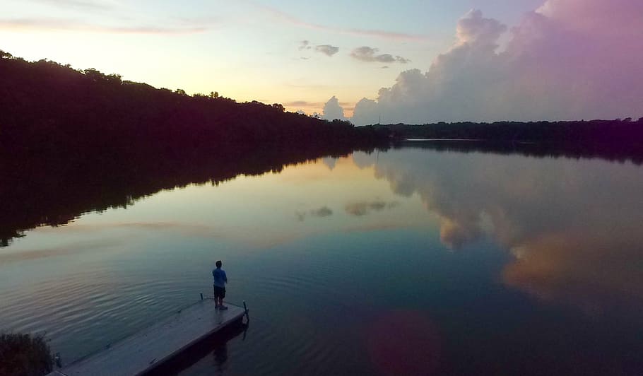 dawn, dock, dusk, lake, nature, outdoors, person, placid, reflection HD wallpaper