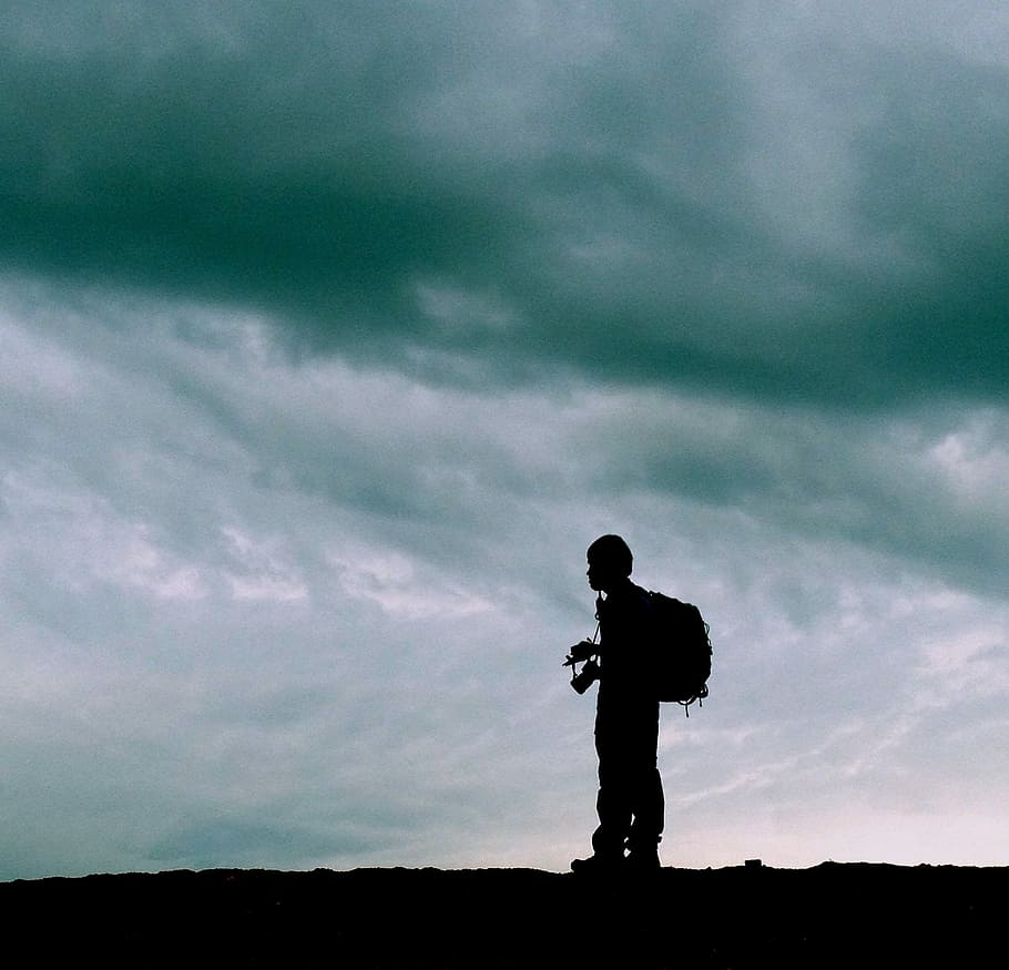 Man, Person, Explorer, Backpacker, clouds, storm, silhouette HD wallpaper