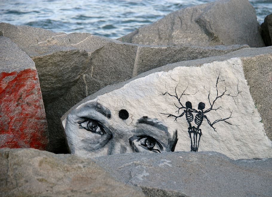 graffiti, rocks, breakwater, background, drawing, mediterranean sea HD wallpaper