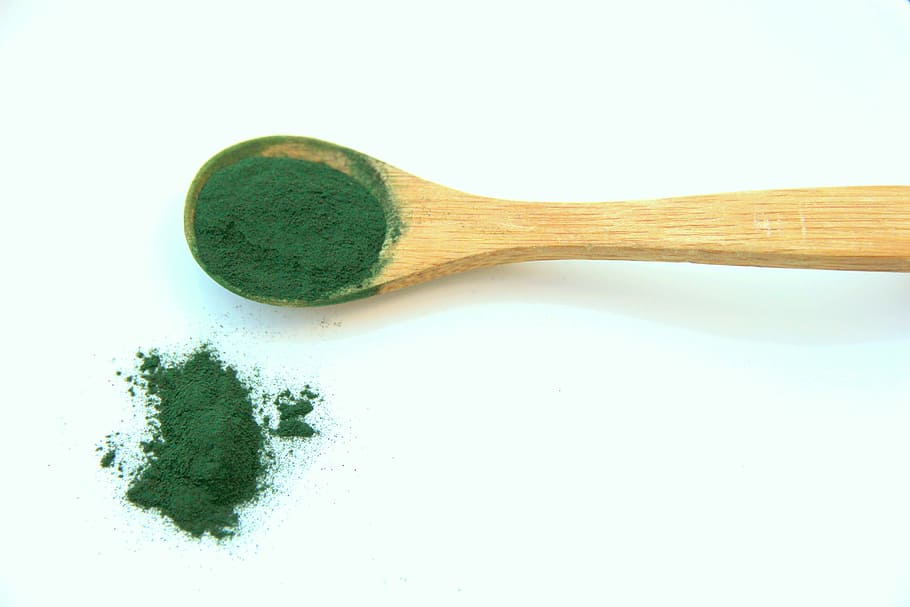 wooden spoon with green powder, Spirulina, Alga, Vegetable Proteins, HD wallpaper