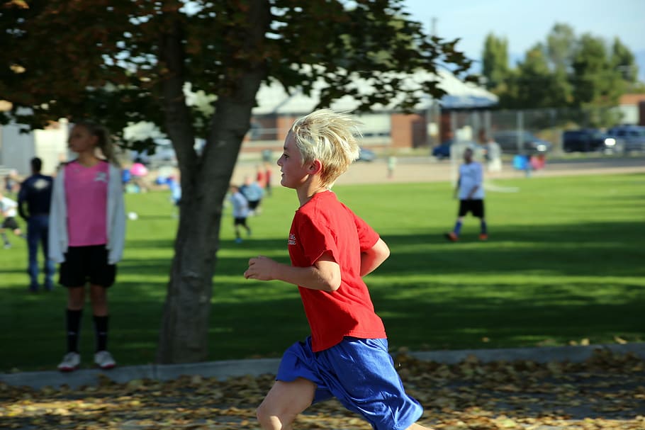 boy running near tree, kid, child, red shirt, race, outdoor HD wallpaper