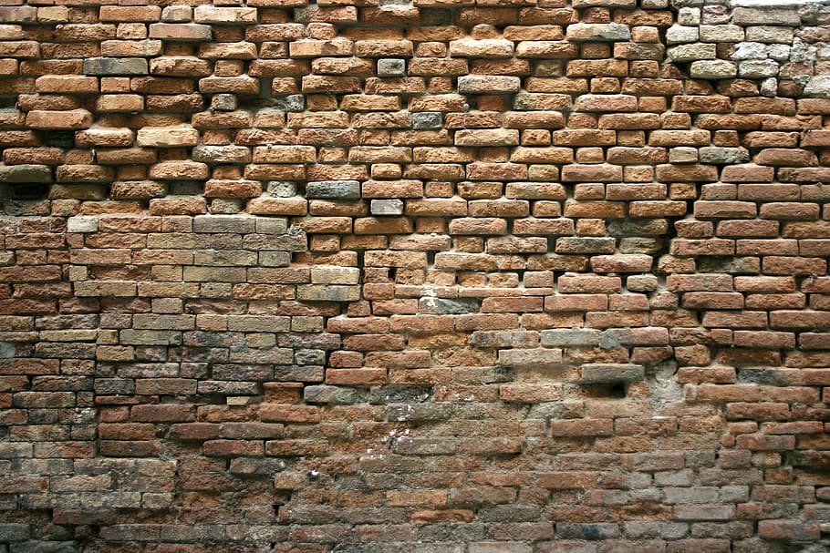 wall, brick, old, red, brocken, cracks, full frame, backgrounds, HD wallpaper