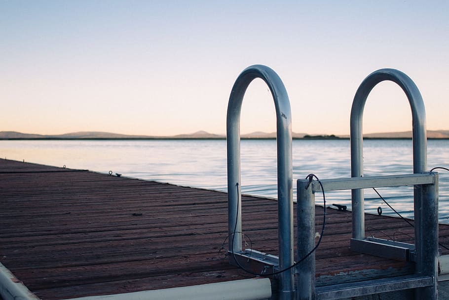 gray pool ladder and body of water, wooden pier, photo, dock HD wallpaper