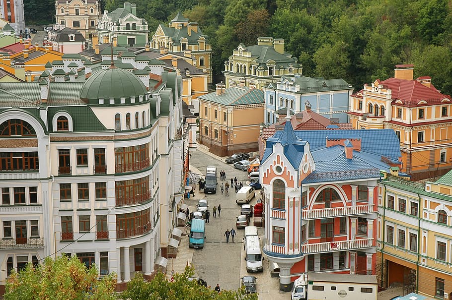 The Picturesque Street and city view in Kiev, Ukraine, buildings