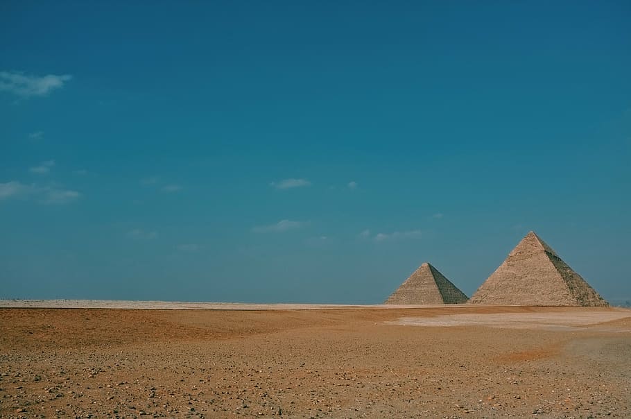 Pyramid of Giza, Egypt, field, desert, landscape, horizon, blue