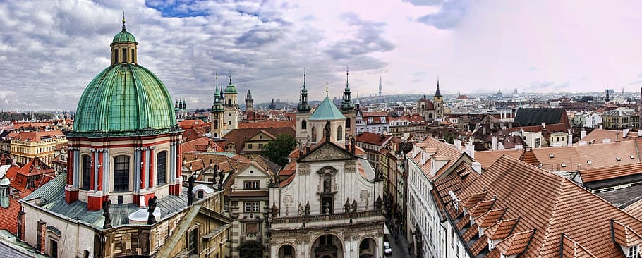 aerial photo of village, prague, panorama, rooftops, city, czech HD wallpaper