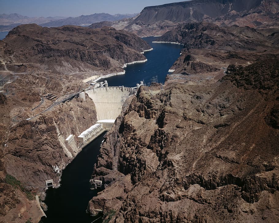 aerial photo of Hoover Dam, Lake Mead, Mead, Colorado, Colorado River