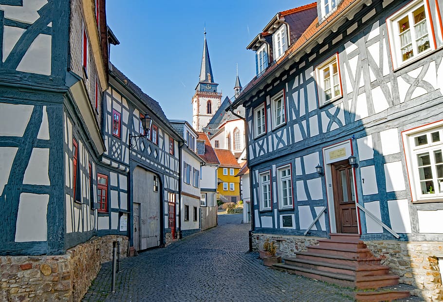 oberursel, hesse, germany, old town, truss, fachwerkhaus, church