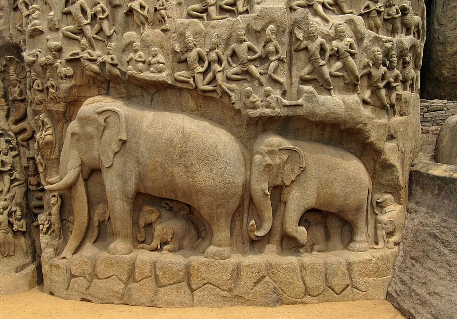 two elephant cutout decor, elephants, bas relief, indian, monument