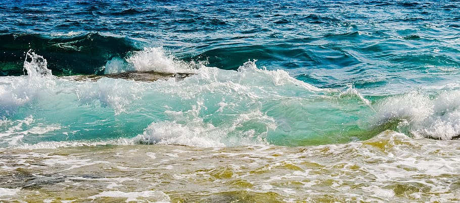 wave, foam, spray, water, sea, blue, nature, splash, summer HD wallpaper