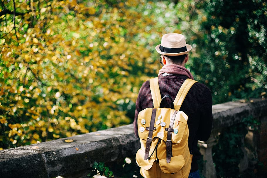 people, man, bag, cap, hat, clothing, balcony, tree, plant HD wallpaper