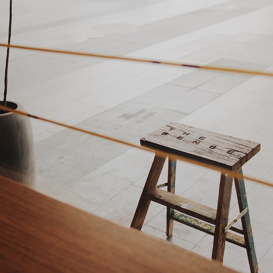 stool near brown vase, brown wooden ladder, sense, cafe, type HD wallpaper