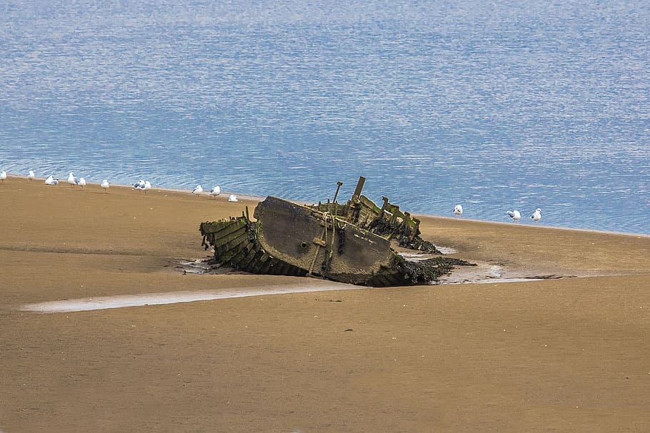 Wreck, Ship, Ocean, Coast, Wales, england, sea, nautical vessel HD wallpaper