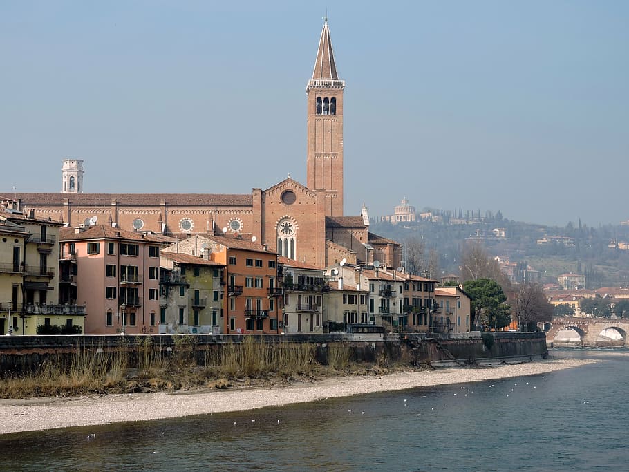 verona, river, adige, landscape, church, campanile, water, italy, HD wallpaper