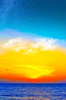 blue sea under blue, white, and orange sky during sunset digital wallpaper, beach sunset horizon HD wallpaper