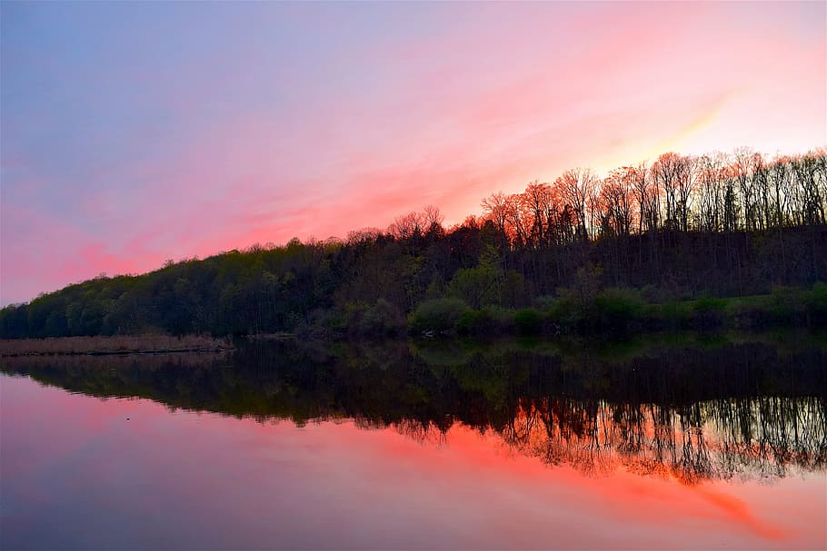 lake, sunset, trees, mountain, red, pink, water, landscape HD wallpaper