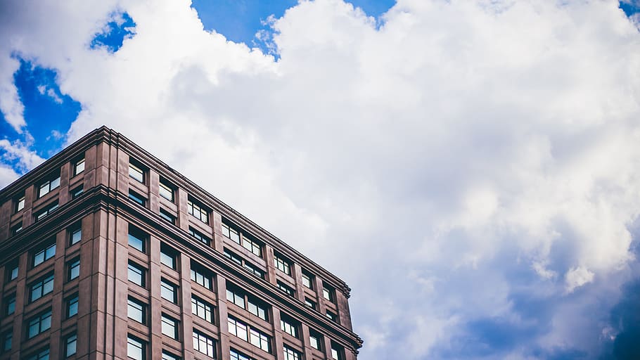 clouds, building, architecture, high-rise, daylight, low angle shot HD wallpaper