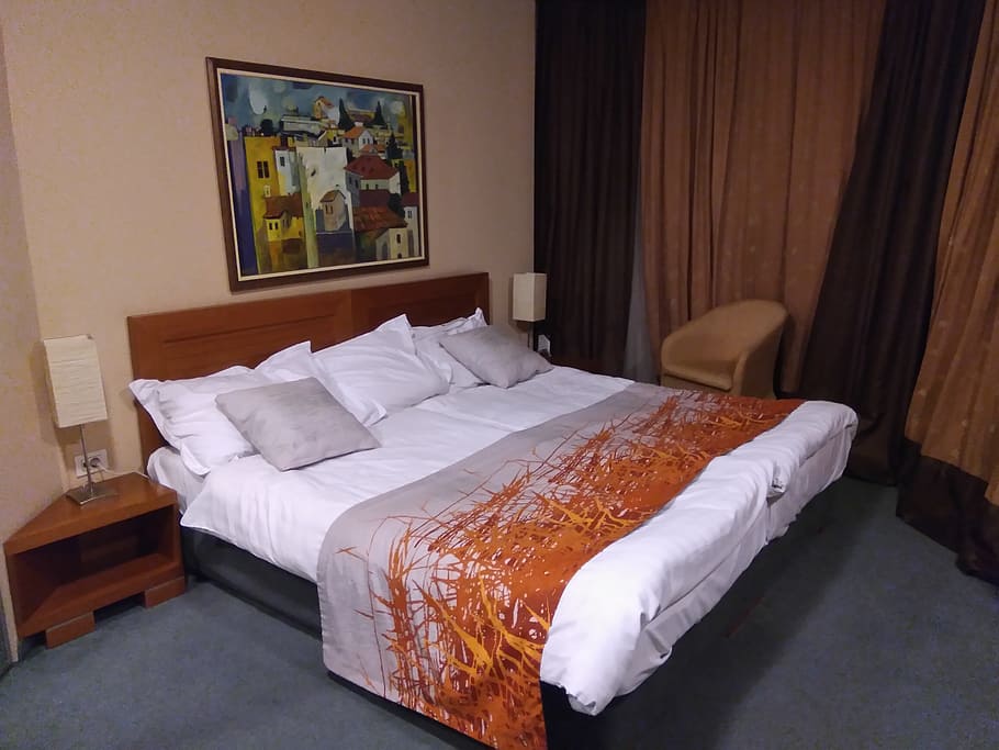 arka, hotel, skopje, furniture, bed, pillow, bedroom, indoors, HD wallpaper