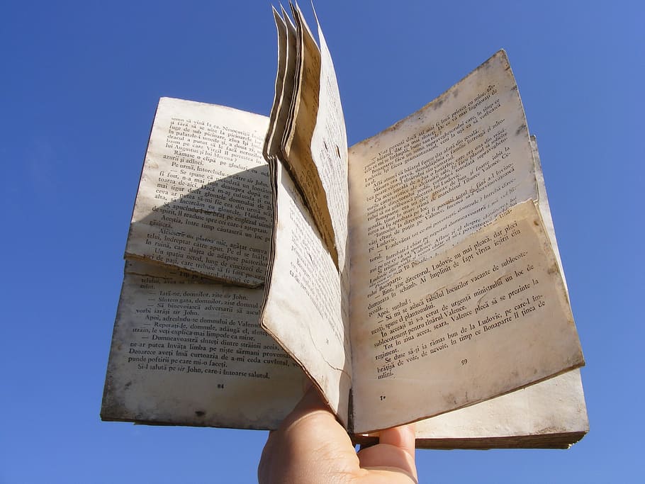 blue, book, dusty, hand, old, reading, sky, education, human hand HD wallpaper