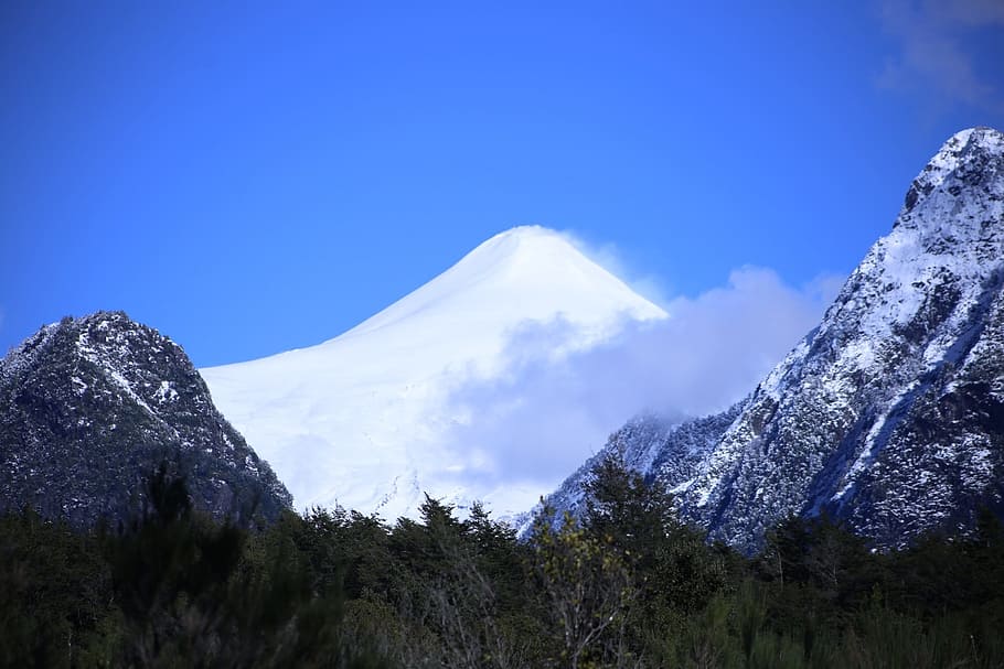 volcano, clouds, geology, snow, blue sky, mountain landscape HD wallpaper