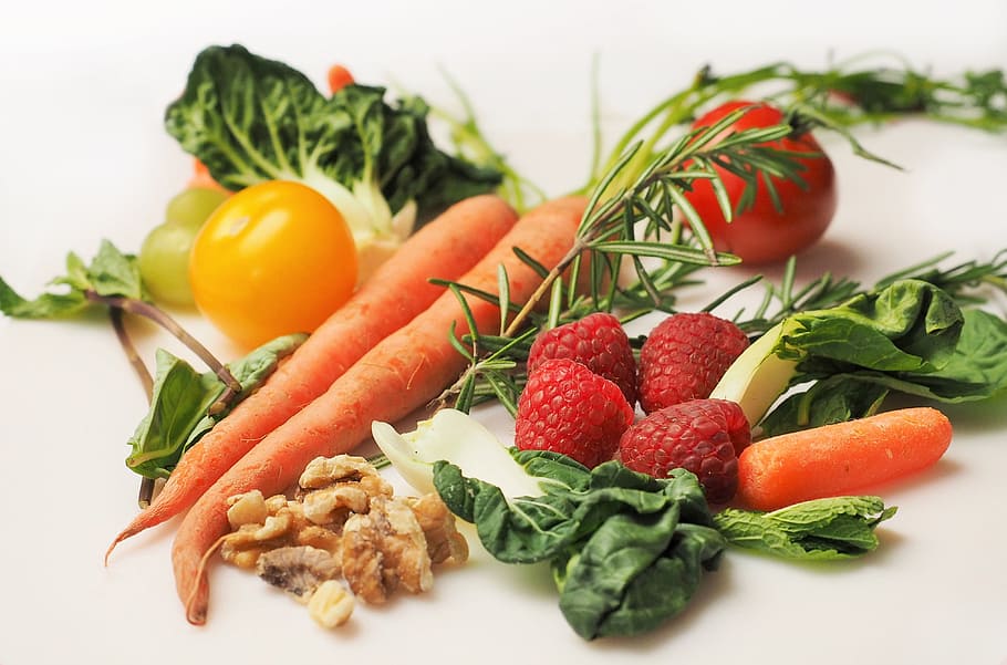variety of fruits and vegetables, carrot, kale, walnuts, tomatoes HD wallpaper