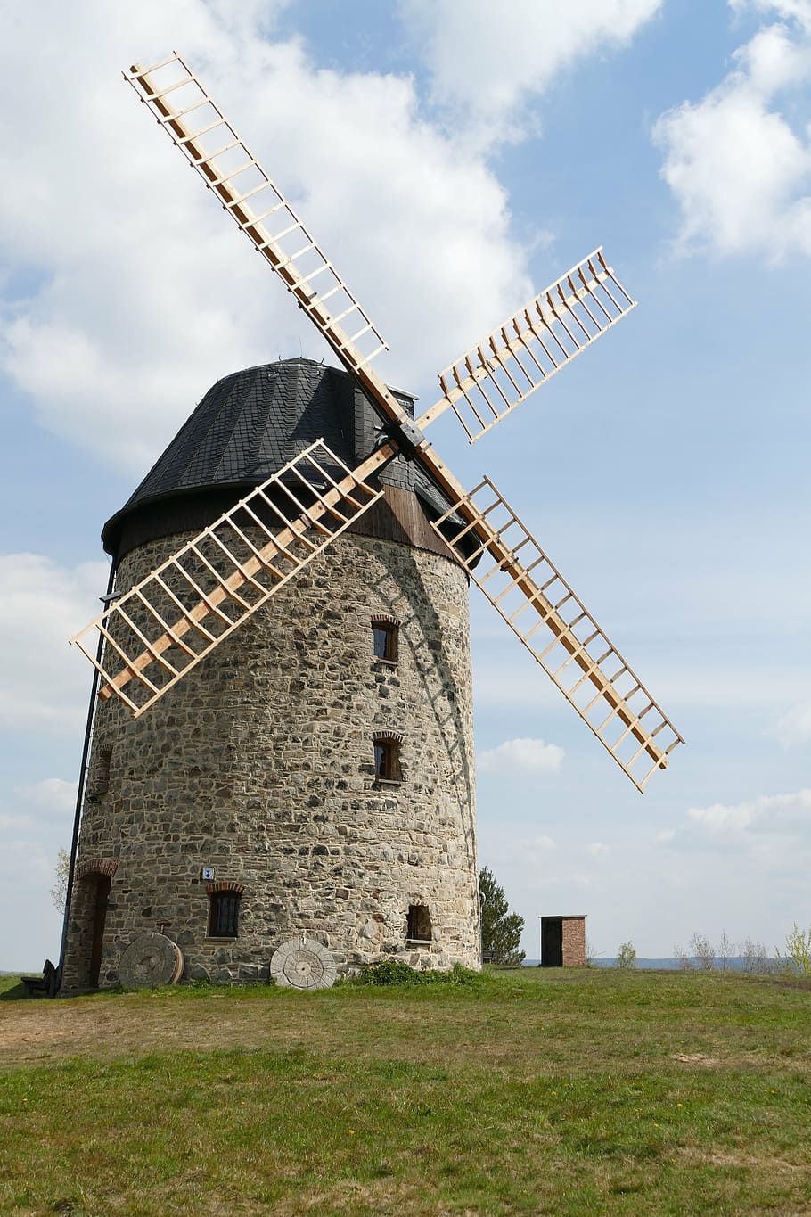 windmill, stone, landscape, warnstedt, sky, clouds, blue, beautiful HD wallpaper