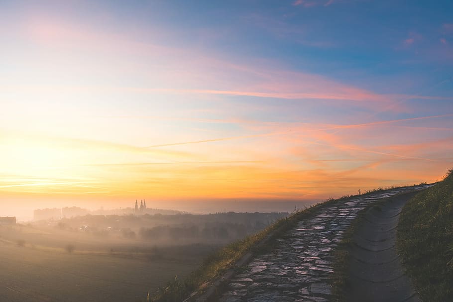 body of water painting, orange and blue horizon, path, cloudy HD wallpaper