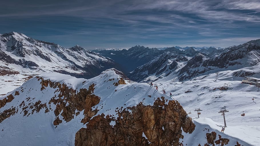 mountain covered by snow, highland, cloud, sky, summit, ridge HD wallpaper