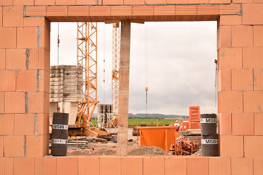 photo of brown concrete brick wall, site, shell, window, construction work HD wallpaper