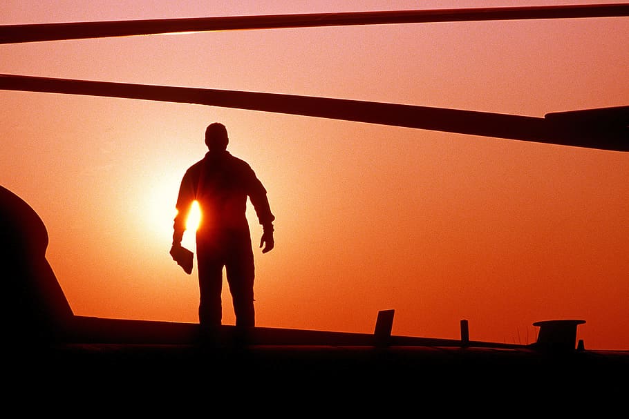 Sunset, Silhouette, Helicopter, Crew, sky, outdoor, dusk, evening HD wallpaper