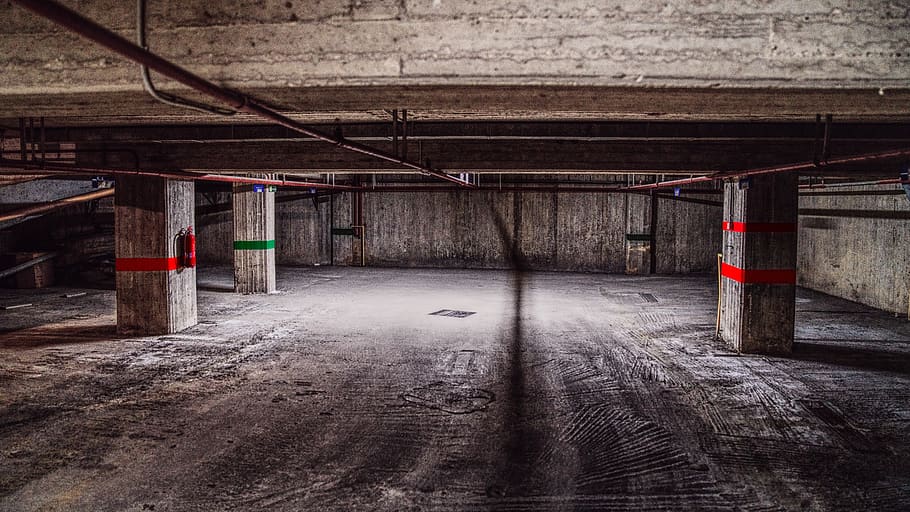 garage, underground, parking, empty, dark, concrete, building, HD wallpaper
