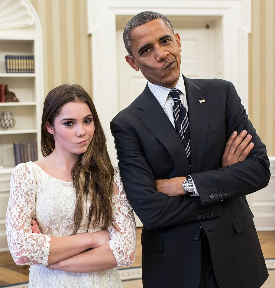 Barack Obama beside McKayla Maroney, barack obama mimics mckayla maroney
