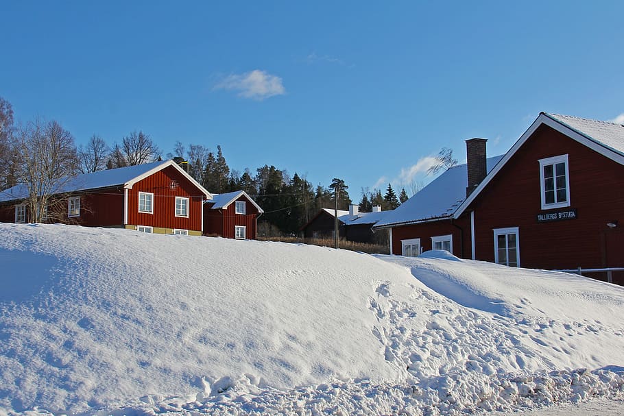 Snow, Winter, Cold, Beautiful, red, traditional, wood, cottage HD wallpaper