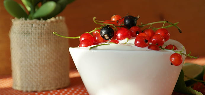 red and black currants on top on white cream, berries, fruit HD wallpaper